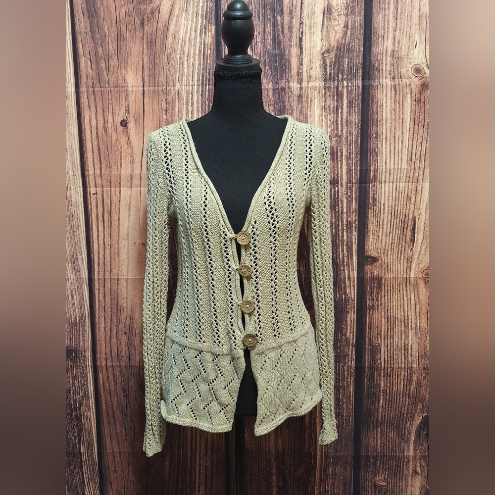 Royal Robbins Beige Knit Wood Button Up Cardigan/shawl Womens Size Medium!